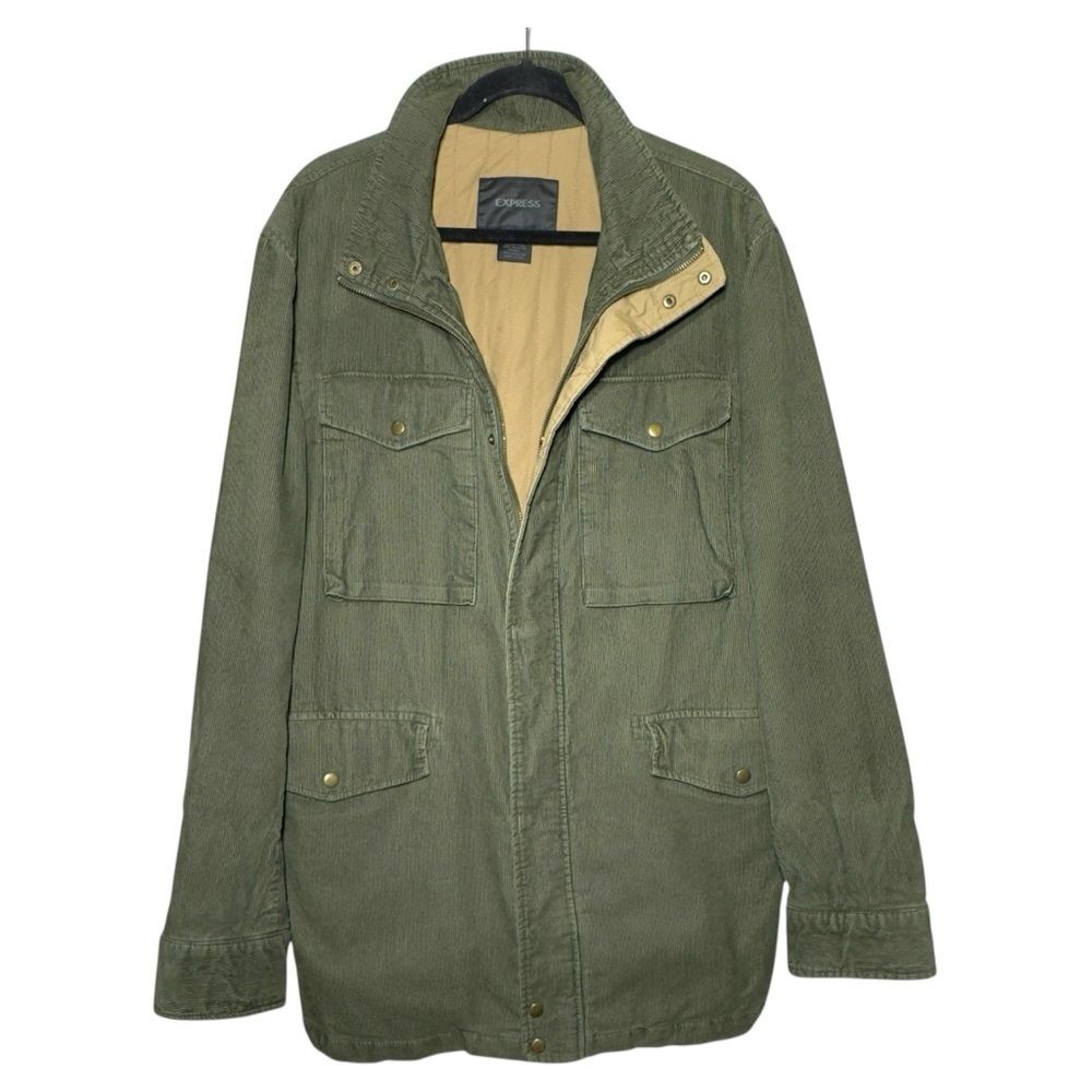 Express Mens Large Utility Chore Field Jacket Corduroy Olive Green Zip Outdoors